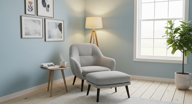 A cozy reading nook with a grey armchair and ottoman, a wooden tripod floor lamp, wall art, and a large window