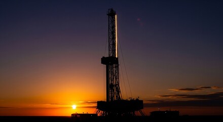 Obraz premium A tall oil rig silhouette standing against a clear sunset horizon. The sun is low on the horizon, creating a dramatic industrial landscape