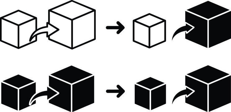Minimalist cube migration vector icon set representing data transfer and object transformation in isometric style.