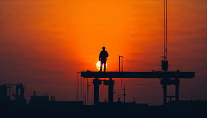 Fototapeta premium Silhouette of an oil and gas industry worker standing on a crane in a fabrication yard as the sun sets in bright orange.