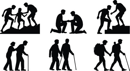 Fototapeta premium Helping and support silhouettes showing guidance care teamwork and assistance across life stages