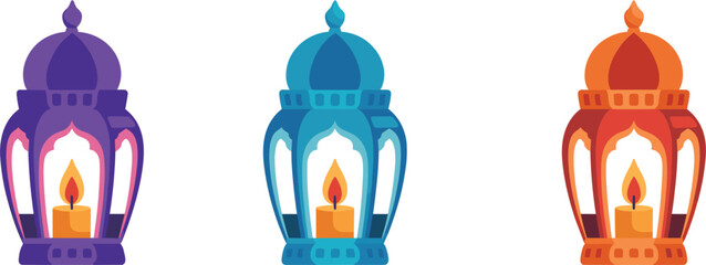 Colorful candle lantern illustrations with glowing light for festive cultural decorations © Monjurul