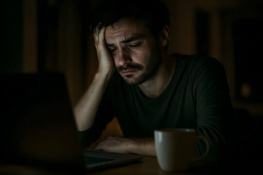 Late Night Freelance Work Stress Concept with Laptop Glow