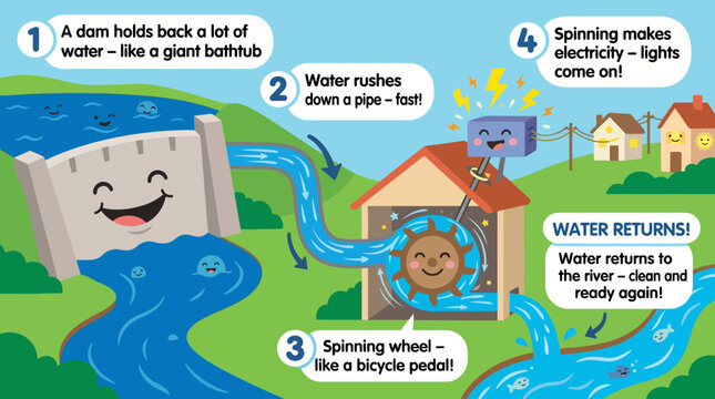 Cartoon illustration detailing the process of hydroelectric power generation with smiling water