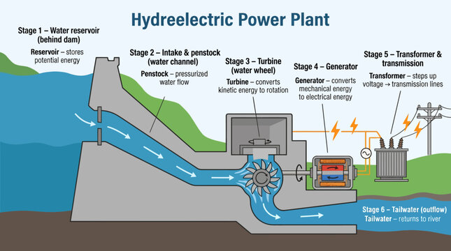 Diagram Illustrating the Comprehensive Process of Hydroelectric Power Generation and Energy