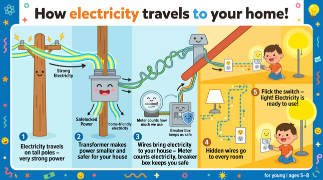 Illustrative infographic explaining the journey of electricity from poles to home usage for children