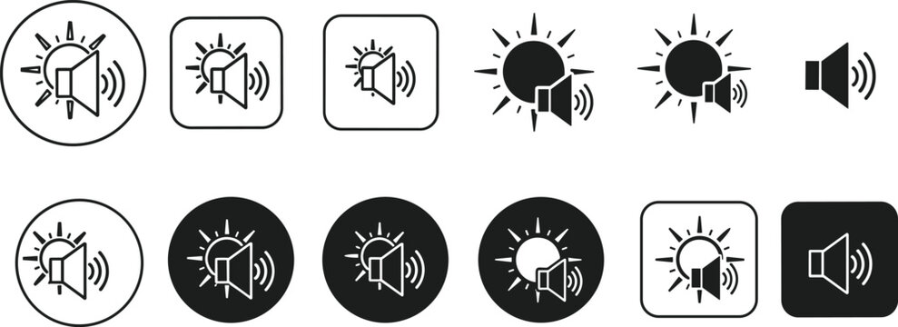 Sun sound speaker icon with radiant sunburst and speaker symbol, representing volume control or sound intensity.