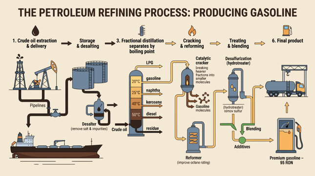 Visual depiction of the intricate stages involved in petroleum refining for gasoline production