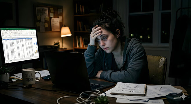 Stressed and Exhausted Young Woman Working Late at Night with Multiple Laptops, Large Monitor with Spreadsheets, and Messy Desk in Dimly Lit Home Office