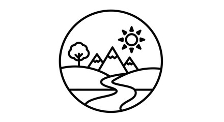Obraz premium Minimalist Nature Landscape Icon: Mountains, River, Tree, Sun in Circle