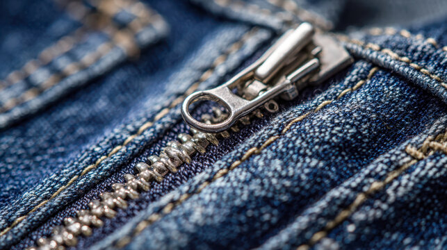 Detailed macro view of a metal zipper on blue denim fabric showcasing texture and stitching of casual jeans design fashion accessory