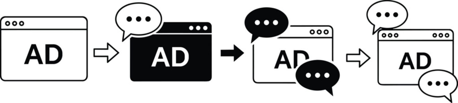 Web browser window with ad text and chat speech bubble icons showing online advertising communication flow chart.