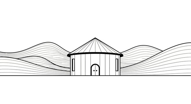 Minimalist Round Building on Wavy Hills Background, Outline Drawing