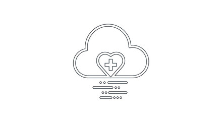 Obraz premium Medical cloud icon with heart and cross symbol in black line art on white background