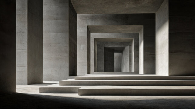Minimalist concrete interior with geometric archways and light casting shadows creating a dramatic and modern architectural space with steps leading forward