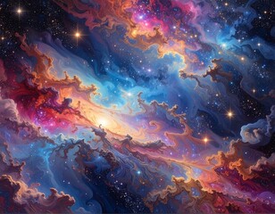 Fototapeta premium Vibrant cosmic painting swirling nebula in shades of blue, gold, pink, and violet against a starry expanse