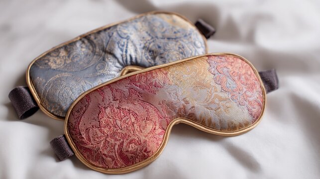 Eye masks for sleeping lie on a white surface, ready for a banner.
