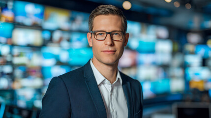Fototapeta premium Confident businessman wearing glasses and a suit standing in a modern office environment with multiple screens displaying colorful images in the background