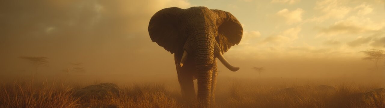 Elephant walking towards the camera in golden sunlight outdoors