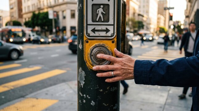 Hand Presses Pedestrian Crosswalk Button in Busy City Street During Daylight With Pedestrians and Vehicles in Motion