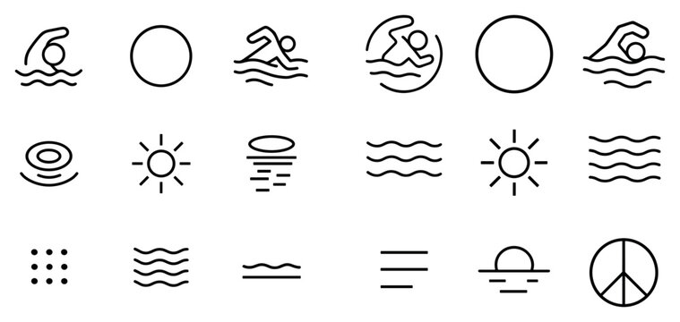 Sea icons with swimmer sun wave minimal outline