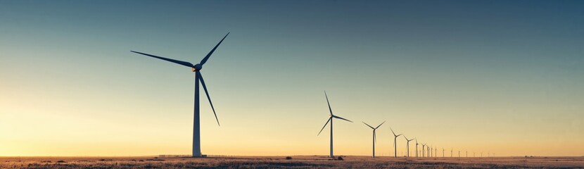 Obraz premium Wind turbines aligned across prairie during sunset