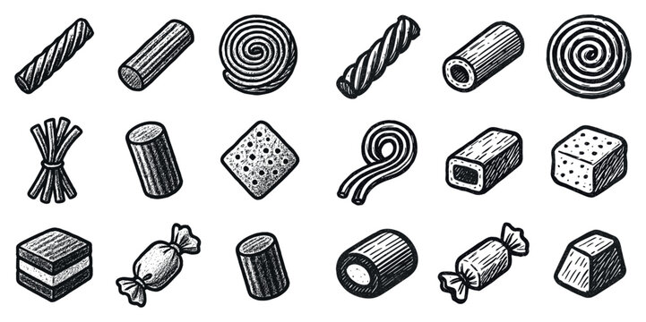Candy icons with licorice roll cube sketch style