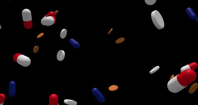Falling pills capsules tablets against black background