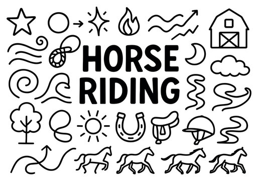 Horse riding icons with horse saddle horseshoe playful outline