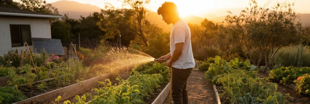 Young man watering raised garden beds in backyard at sunset
