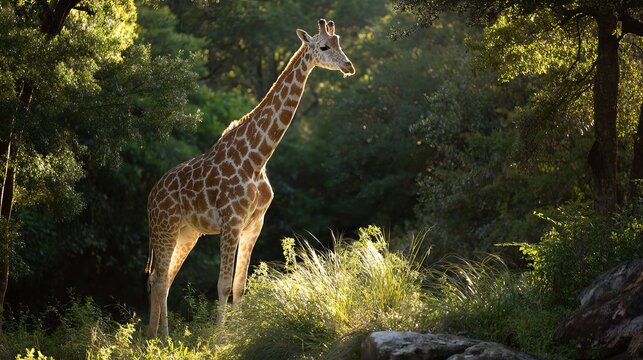 Giraffe stands tall in a green sanctuary.  Sunlight shows its spotted fur pattern.