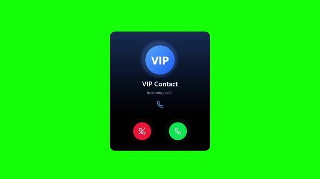 VIP incoming call interface on green screen, smartphone call notification with accept and decline buttons, luxury contact phone alert animation
