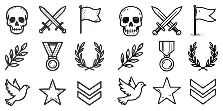 Military icons with skull sword flag in outline style