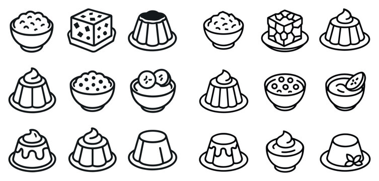 Dessert icons with bowl pudding cube outline minimal
