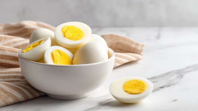 Eggs in a bowl sit on a white marble table, showing their raw yellow centers.