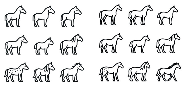 Horse icons with standing trotting galloping outline