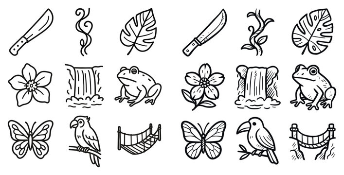 Jungle icons with machete frog leaf outline style