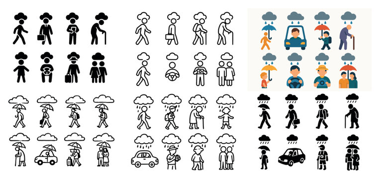 People in rain with umbrellas and clouds