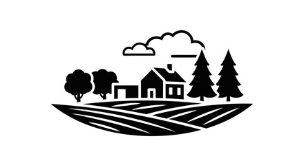 Naklejka premium Rural Landscape Icon: House, Trees, Fields, Clouds - Vector Illustration