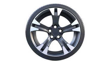 Obraz premium Modern alloy car wheel with black tire and silver accents isolated on transparent background automotive part for vehicle customization and repair