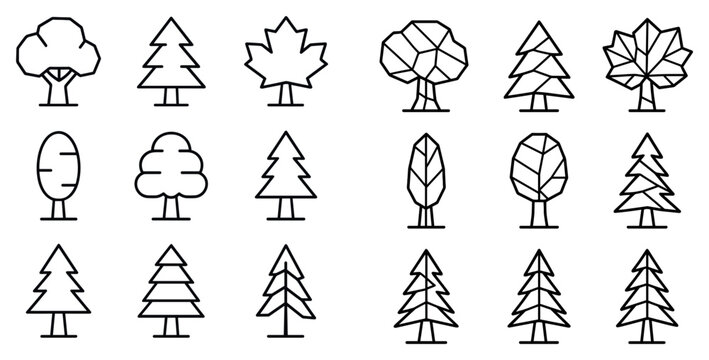 Tree icons with pine and maple simple outline
