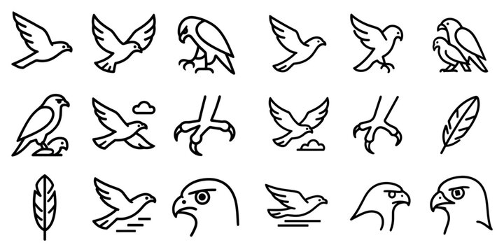 Wildlife icons with dove hawk and feather outline style