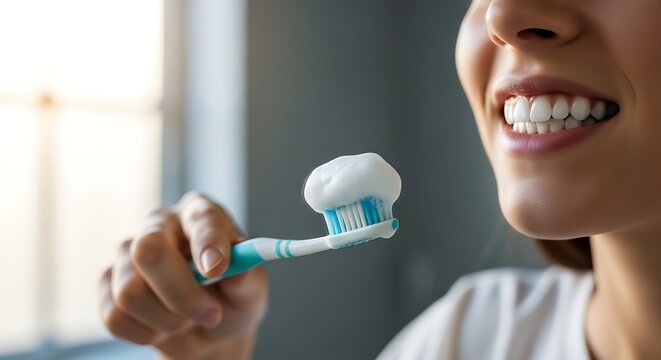 Woman smiling with perfect white teeth holding toothbrush with toothpaste foam for daily dental care routine in bright modern bathroom close up