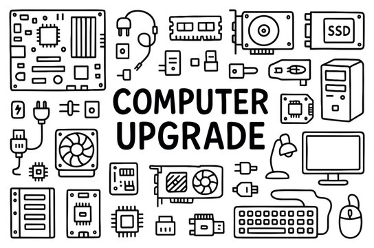Computer upgrade icons with motherboard gpu ssd outline graphic