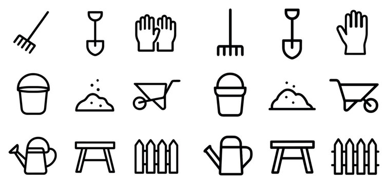 Gardening icons with rake shovel bucket and watering can thin line