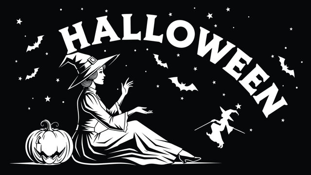 Halloween witch sitting with jack-o-lantern and bats