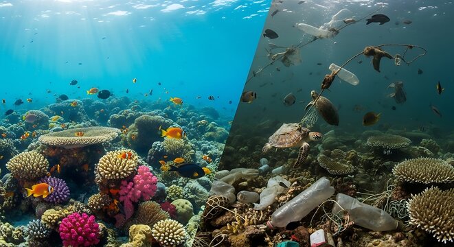 Split screen underwater scene comparing pristine coral reef with colorful fish to polluted ocean filled with plastic debris and trapped sea turtle