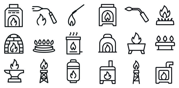 Fire icons with flame torch stove burner outline