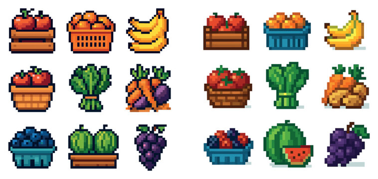 Produce icons with apple banana strawberry pixel art
