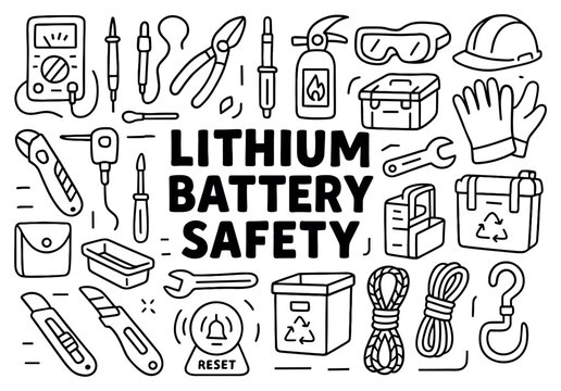 Lithium battery safety icons with tools gloves and goggles hand drawn style